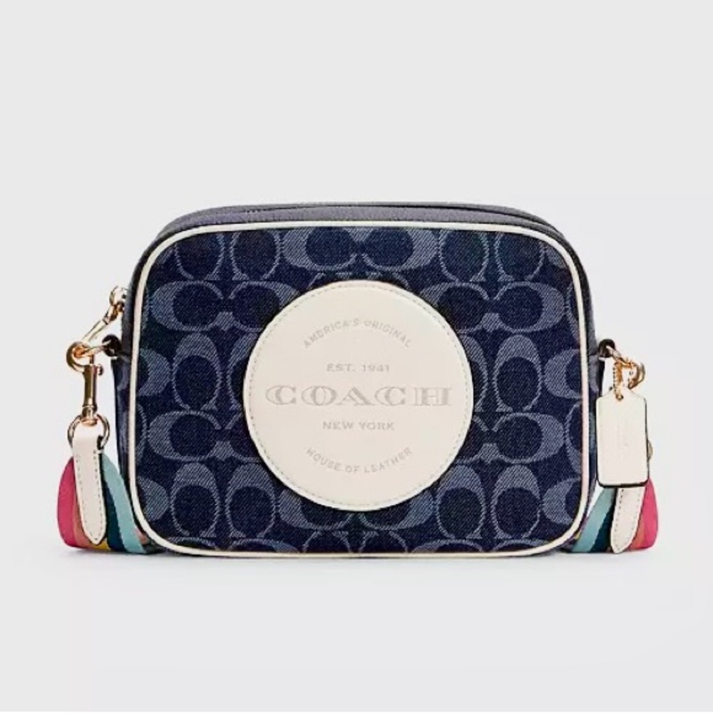Coach Blue and White Crossbody Bag with Gold Hardware and Rainbow Strap.